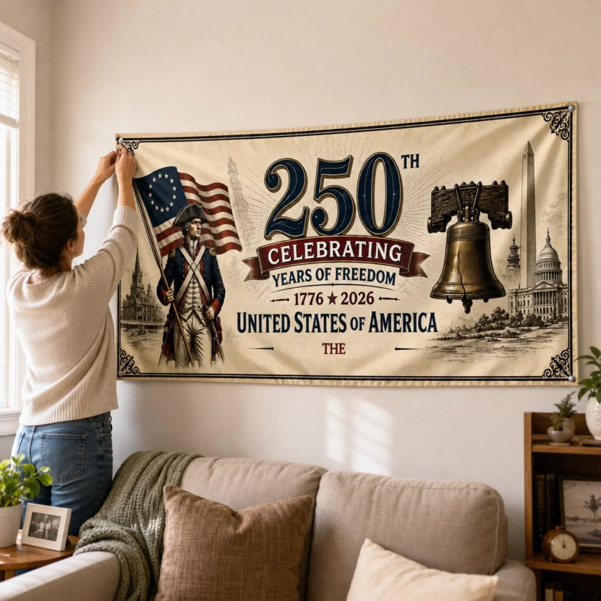 Custom Polyester Outdoor Banner - Personalized America 250th Anniversary Gifts For Mom, Dad, Brother, Sister, Kids - Proud Hearts Since The Beginning