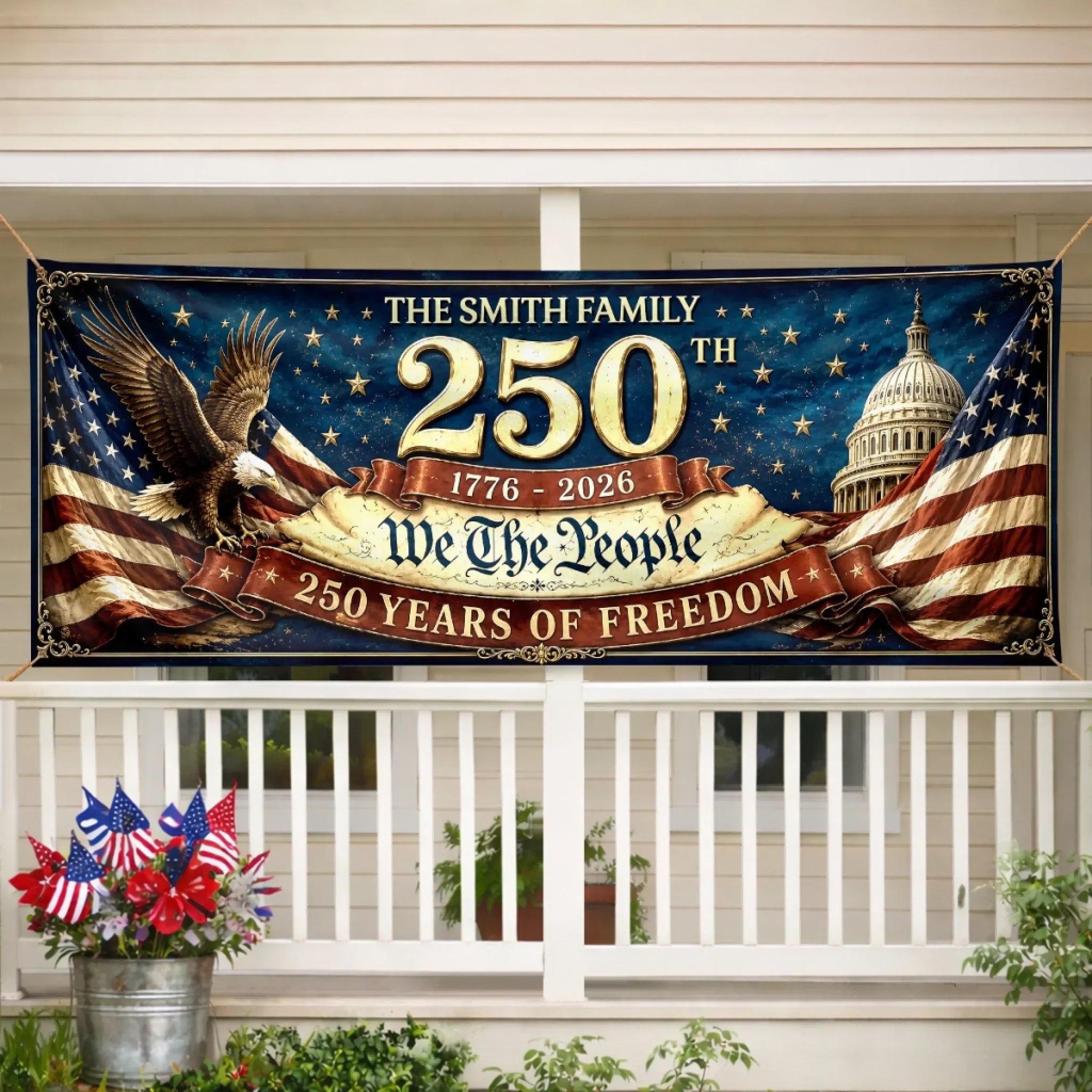 Custom Outdoor Banner - Personalized America 250th Anniversary Gifts For Mom, Dad, Brother, Sister, Kids - Land Of The Free, Home Of The Brave
