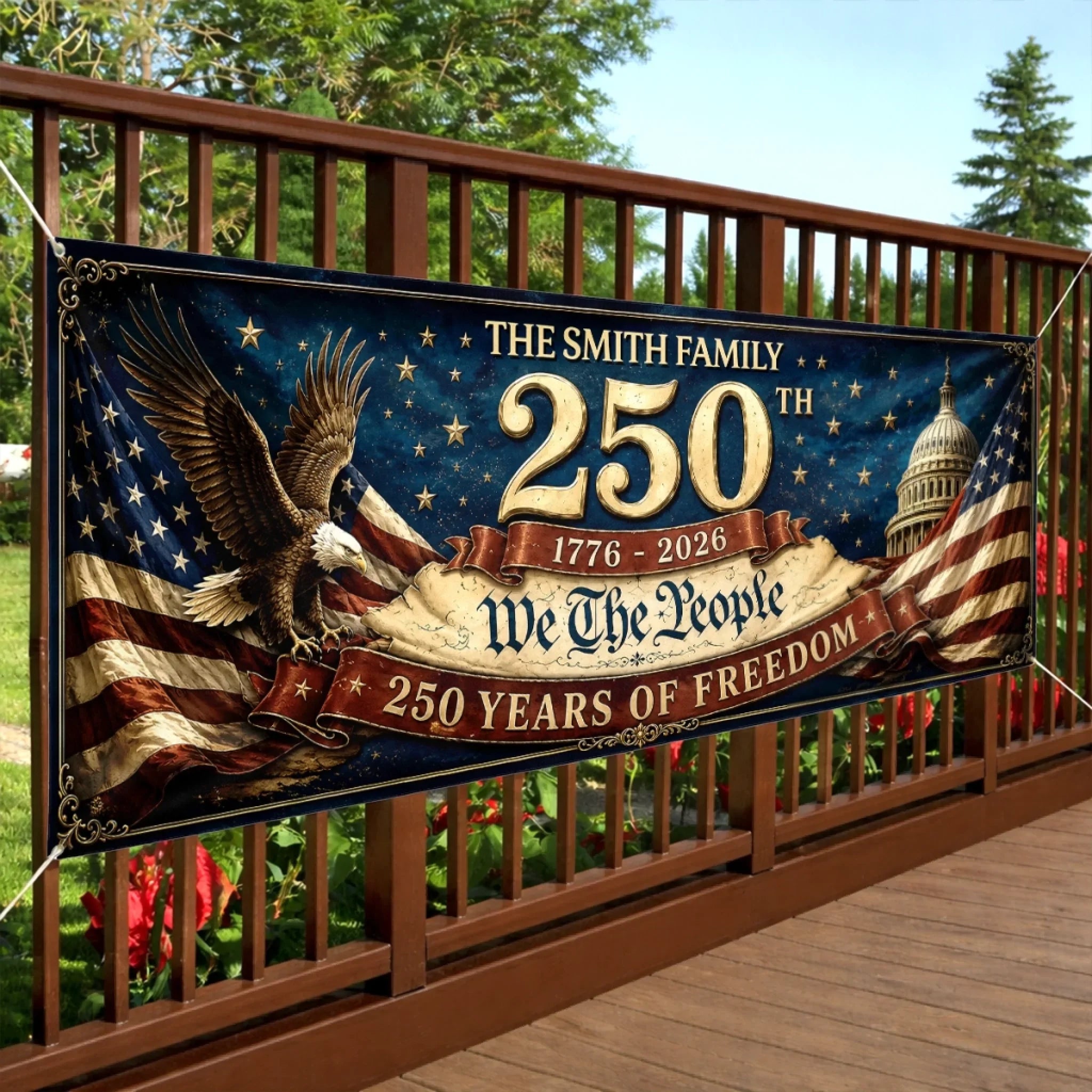 Custom Outdoor Banner - Personalized America 250th Anniversary Gifts For Mom, Dad, Brother, Sister, Kids - Land Of The Free, Home Of The Brave