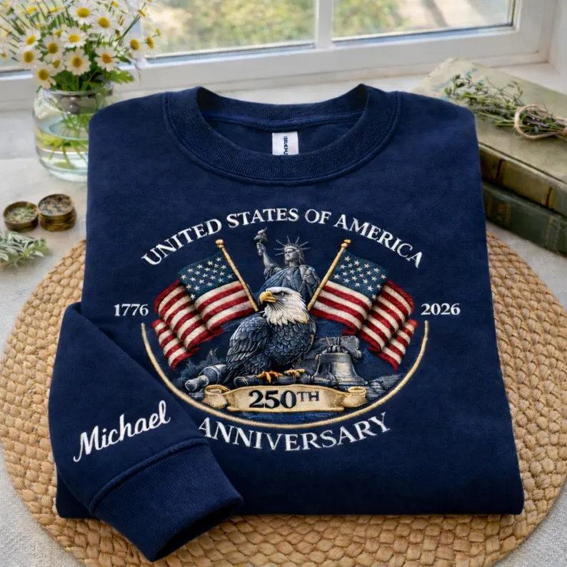 Personalized USA 250th Anniversary Embroidered Sweatshirt, America Flag 1776 - 2026 Shirt, 4th of July Patriotic Eagle Hoodie, Gift For Her