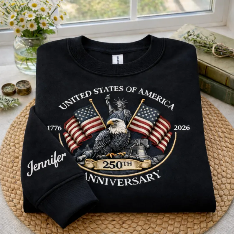 Personalized USA 250th Anniversary Embroidered Sweatshirt, America Flag 1776 - 2026 Shirt, 4th of July Patriotic Eagle Hoodie, Gift For Her
