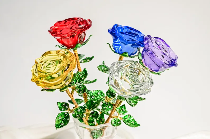 Crystal Glass Rose Bouquet Valentine's Gift, Handmade Crystal Flower for Holiday Home Décor, Crystal Glass Flower Gift for Mother's Day, anniversary, birthday,Wedding Anniversary Display