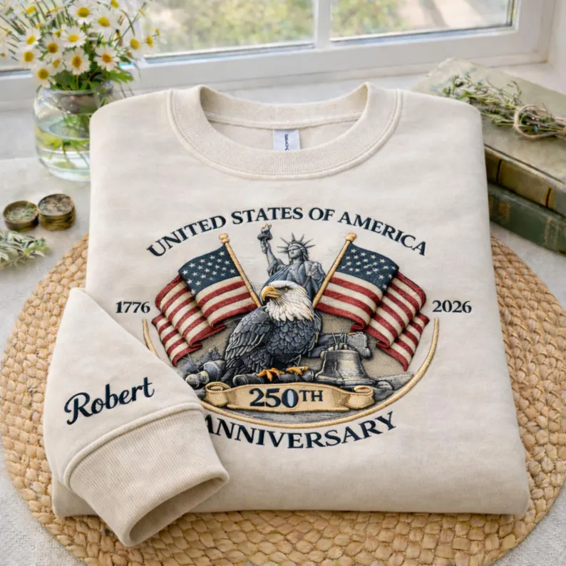 Personalized USA 250th Anniversary Embroidered Sweatshirt, America Flag 1776 - 2026 Shirt, 4th of July Patriotic Eagle Hoodie, Gift For Her