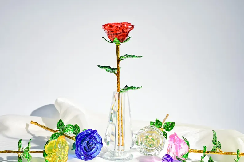 Crystal Glass Rose Bouquet Valentine's Gift, Handmade Crystal Flower for Holiday Home Décor, Crystal Glass Flower Gift for Mother's Day, anniversary, birthday,Wedding Anniversary Display