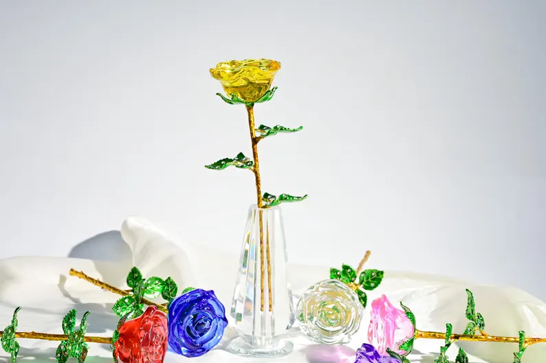 Crystal Glass Rose Bouquet Valentine's Gift, Handmade Crystal Flower for Holiday Home Décor, Crystal Glass Flower Gift for Mother's Day, anniversary, birthday,Wedding Anniversary Display