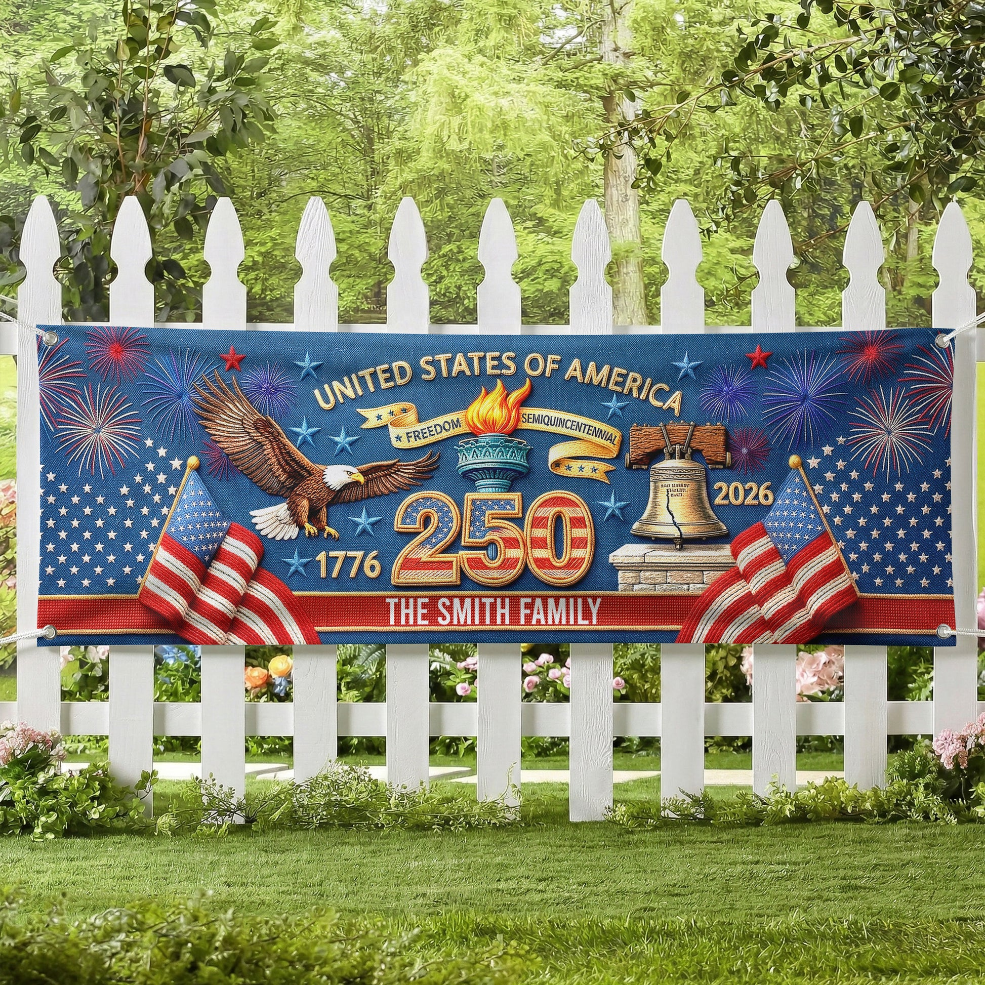 Custom Polyester Outdoor Banner - Personalized America 250th Anniversary Gifts For Mom, Dad, Brother, Sister, Kids - Celebrating Freedom And Family
