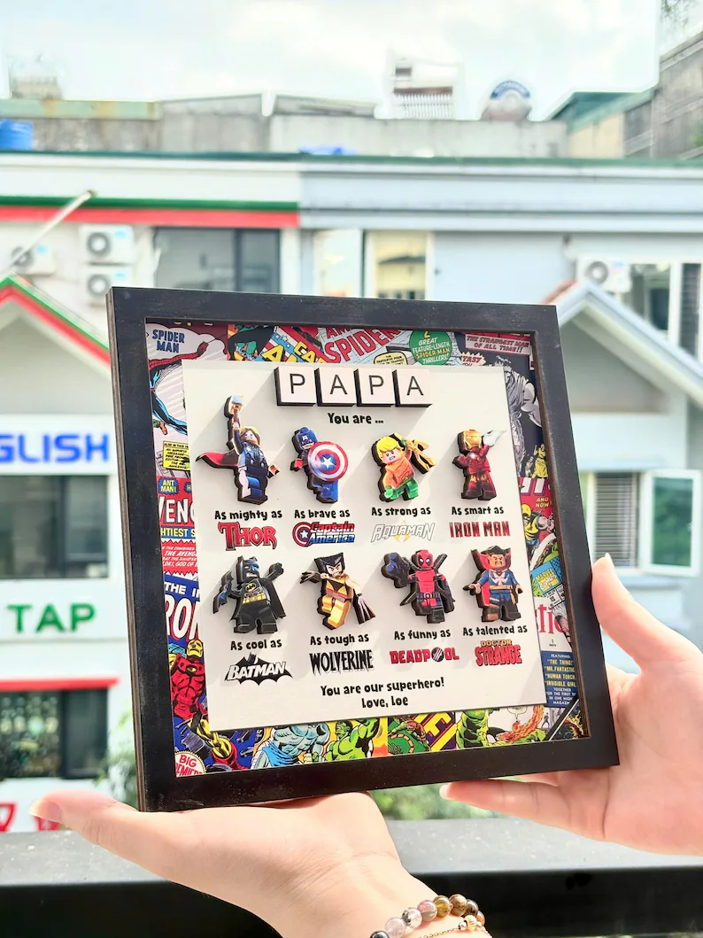 Custom Superhero Frame for Dad, LEGO Minifigure Gift, Father's Day Decor from Kids, Comic Book Frame, Unique Personalized Dad Gift
