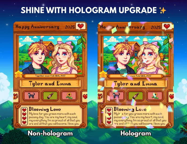 Individuelle Stardew Valley-Karte, personalisierte Jubiläumskarte, Geschenk für Paare, Geschenk zum Hochzeitstag, Geschenk für Sie oder Ihn, einzigartiges Geburtstagsgeschenk