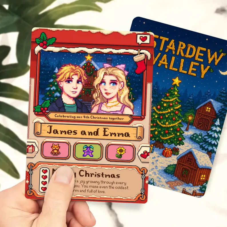 Individuelle Stardew Valley Weihnachtskarte, personalisiertes Weihnachtsgeschenk für Paare, süßes Weihnachtsgeschenk, Geschenk für Sie oder Ihn, einzigartige Weihnachtsgeschenke