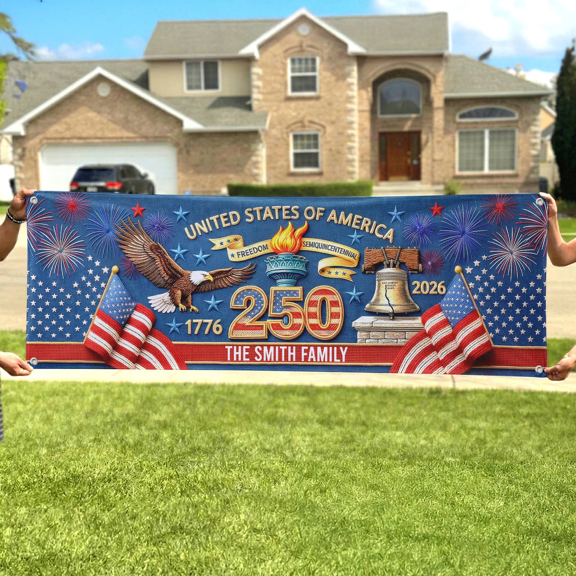 Custom Polyester Outdoor Banner - Personalized America 250th Anniversary Gifts For Mom, Dad, Brother, Sister, Kids - Celebrating Freedom And Family