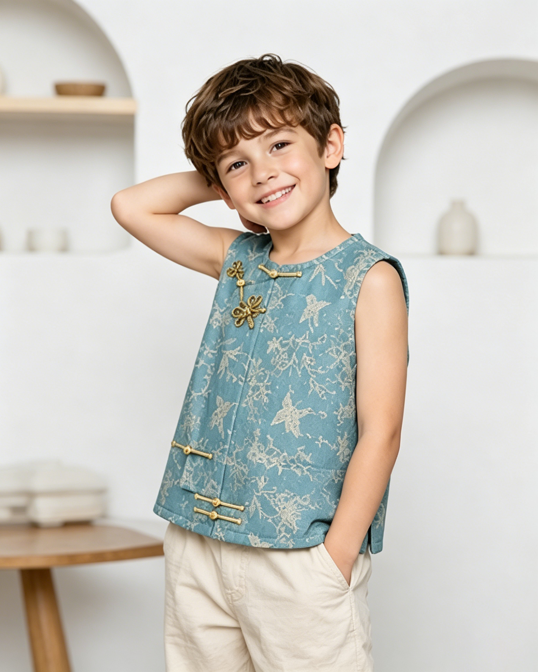 Pre‑Order Elon Musk's Son Same Style New Chinese Waistcoat Bird Jacquard Frog Button Vest
