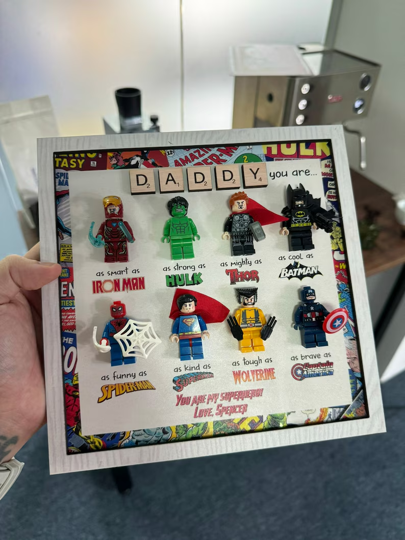 Custom Superhero Frame for Dad, LEGO Minifigure Gift, Father's Day Decor from Kids, Comic Book Frame, Unique Personalized Dad Gift