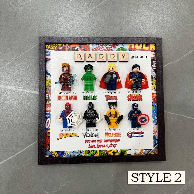 Custom Superhero Frame for Dad, LEGO Minifigure Gift, Father's Day Decor from Kids, Comic Book Frame, Unique Personalized Dad Gift