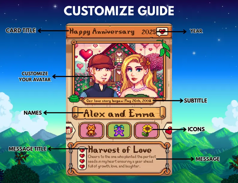 Custom Stardew Valley Card - Personalized Couples Gifts - Anniversary Gift - Couple Anniversary - Gift for Him Her- Gift for Farming Gamer