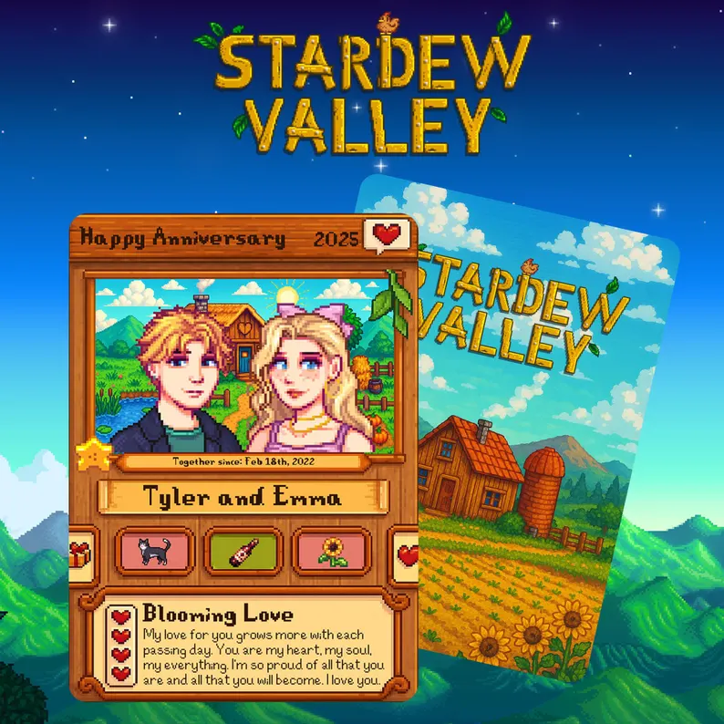 Custom Stardew Valley Card, Personalized Anniversary Card, Couples Gift, Wedding Anniversary Gift, Gift for Him or Her, Unique Birthday Gift