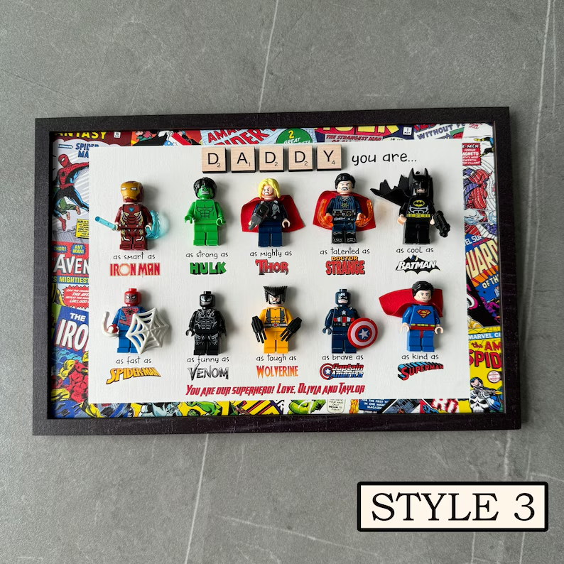 Custom Superhero Frame for Dad, LEGO Minifigure Gift, Father's Day Decor from Kids, Comic Book Frame, Unique Personalized Dad Gift