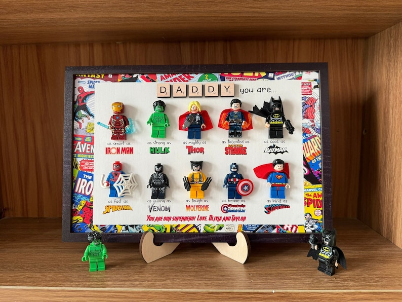 Custom Superhero Frame for Dad, LEGO Minifigure Gift, Father's Day Decor from Kids, Comic Book Frame, Unique Personalized Dad Gift