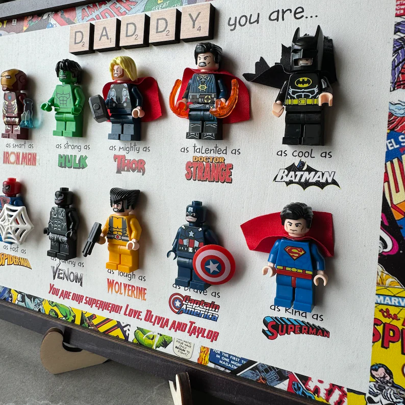 Custom Superhero Frame for Dad, LEGO Minifigure Gift, Father's Day Decor from Kids, Comic Book Frame, Unique Personalized Dad Gift