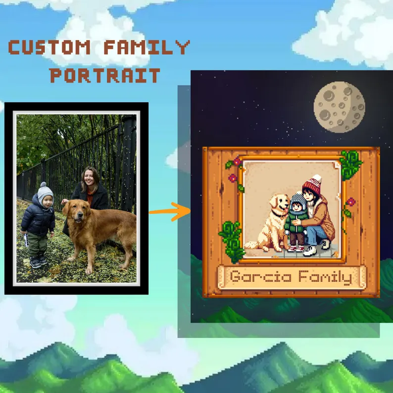 Custom Stardew Valley Pixel Art Portrait, Custom Pixel Art for Couples and Families, Stardew Valley Custom Portrait, Stardew Valley Gift
