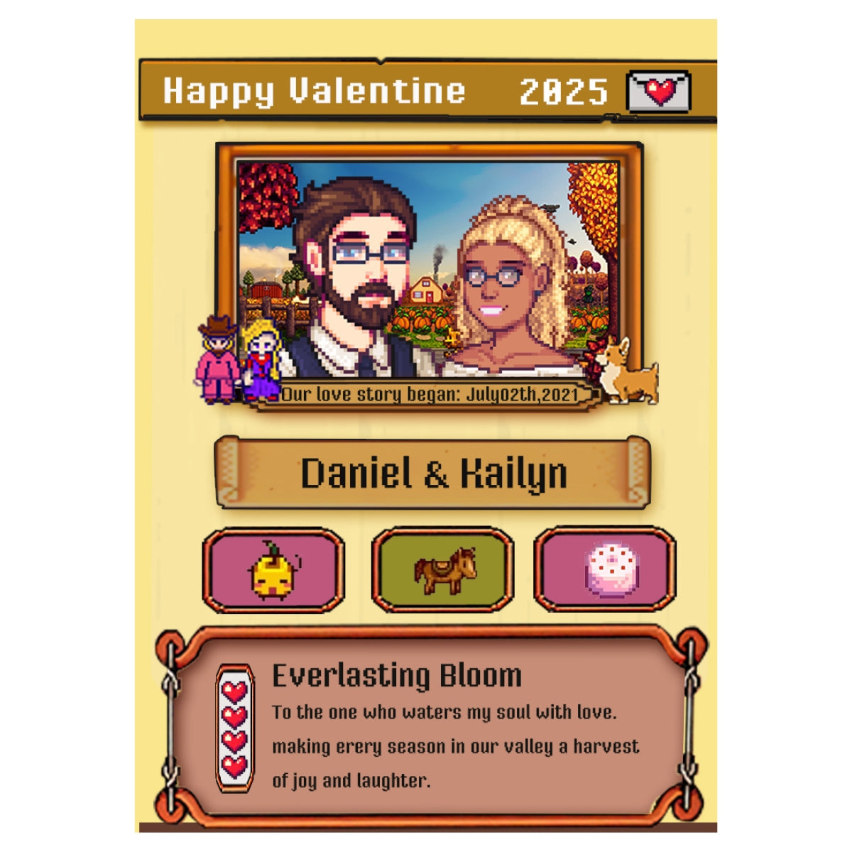 Personalized Pixel Art Anniversary Metal Card Inspired by Stardew Valley